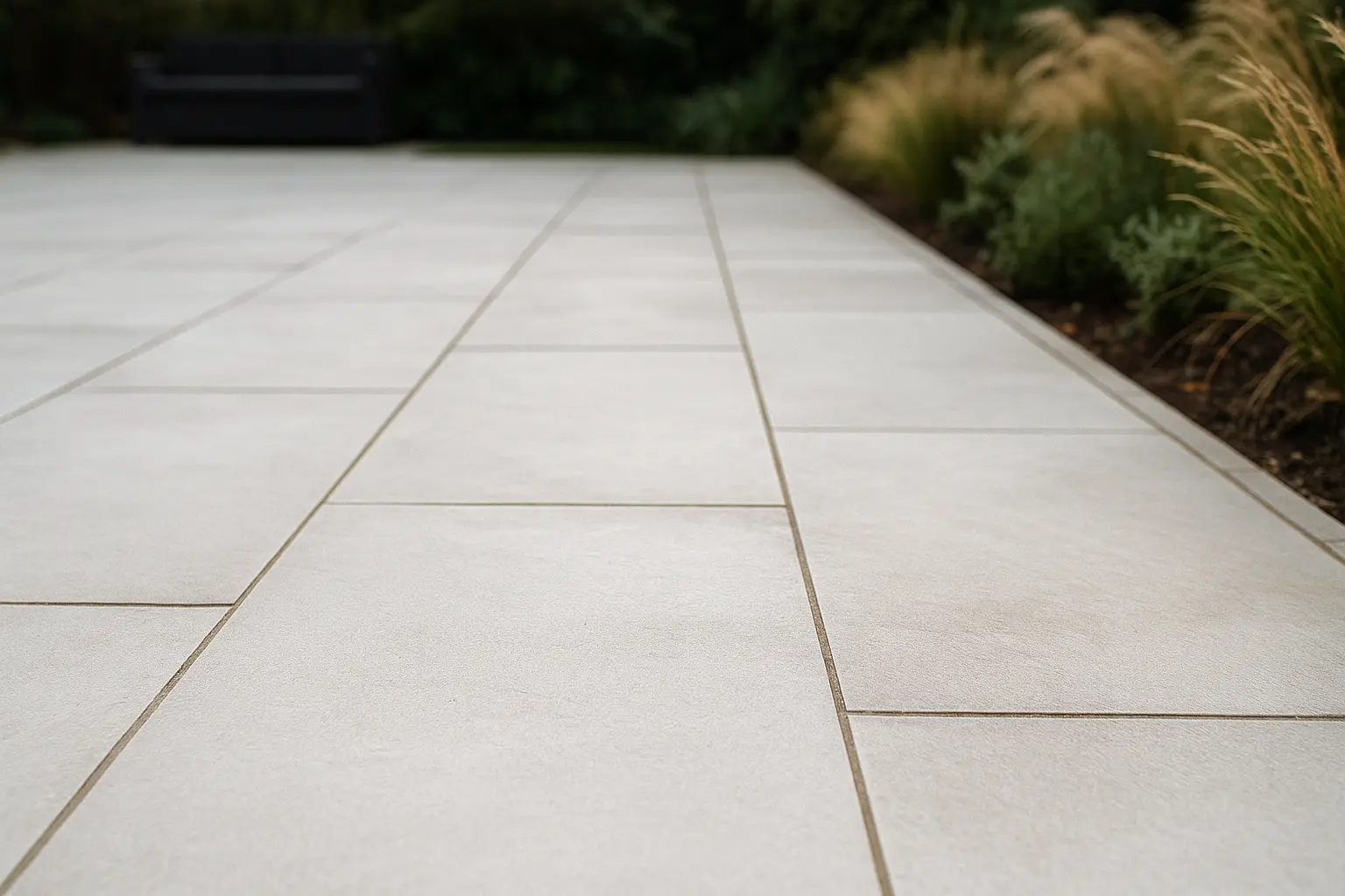 Porcelain paving slabs with clean joints in a UK garden