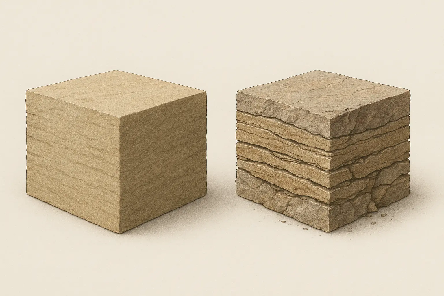 Illustrated cross-section comparing well-bedded sandstone with a laminated, weaker deposit