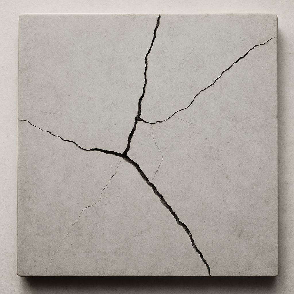Cracked porcelain paving slab illustrating manufacturing and stress issues