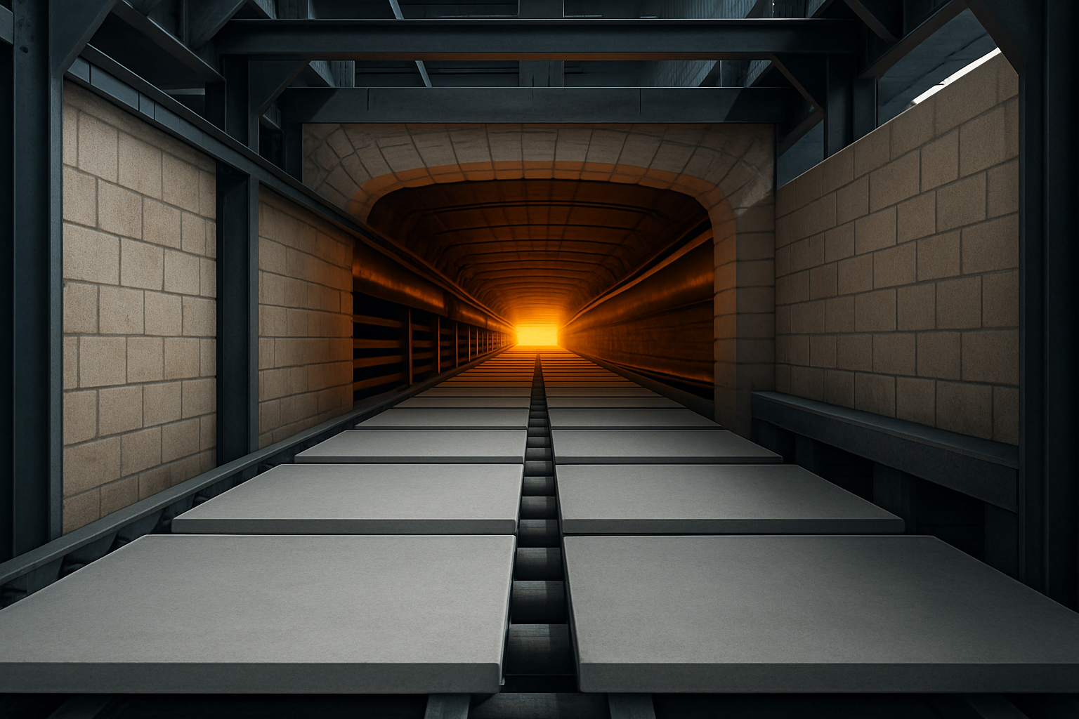 Porcelain paving tiles moving through a high-temperature kiln