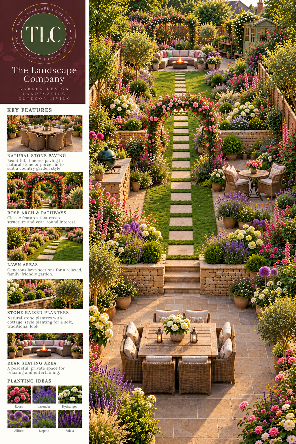 English cottage-style medium garden with lawn, natural stone paving and planting