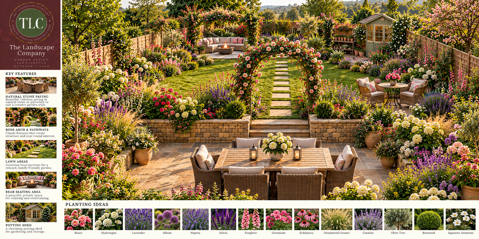 English cottage garden retreat with natural stone terrace, lawn and abundant planting