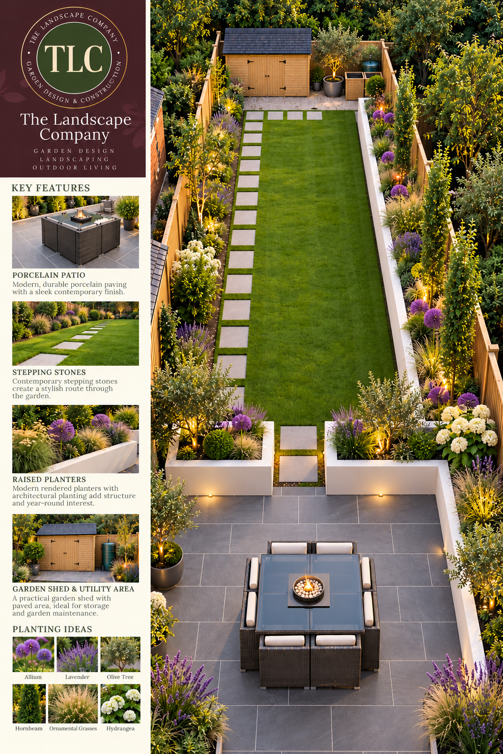 Modern medium garden with contemporary patio, lawn, planting and integrated lighting