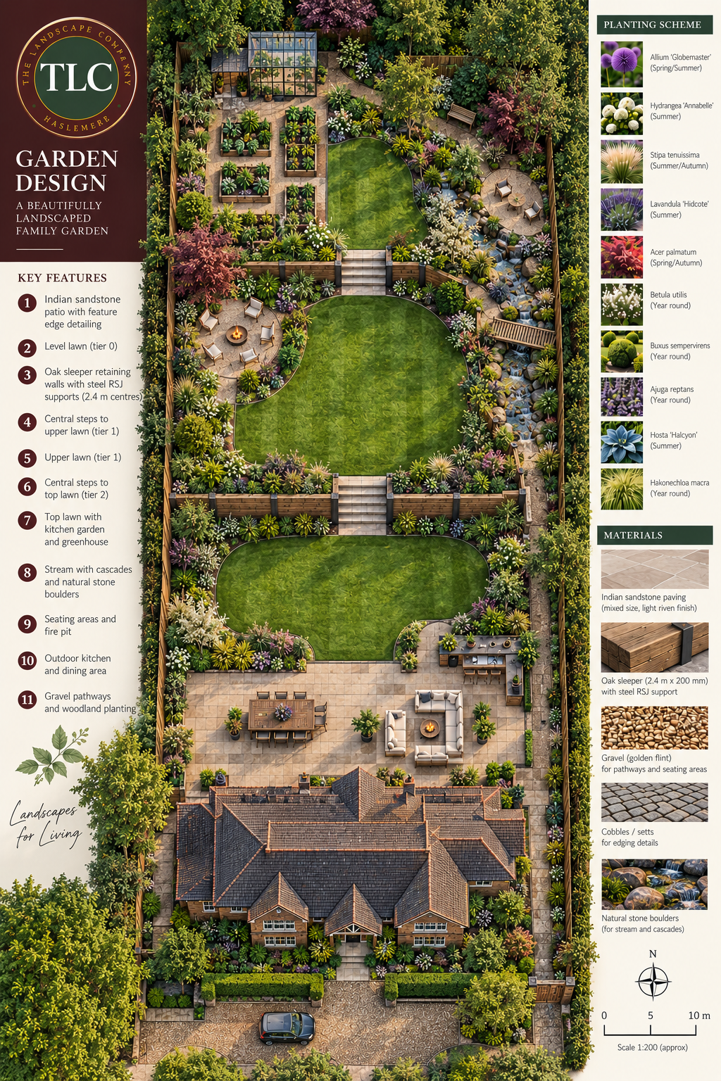 Tiered medium garden with multiple retaining walls, steps, lawns and planting