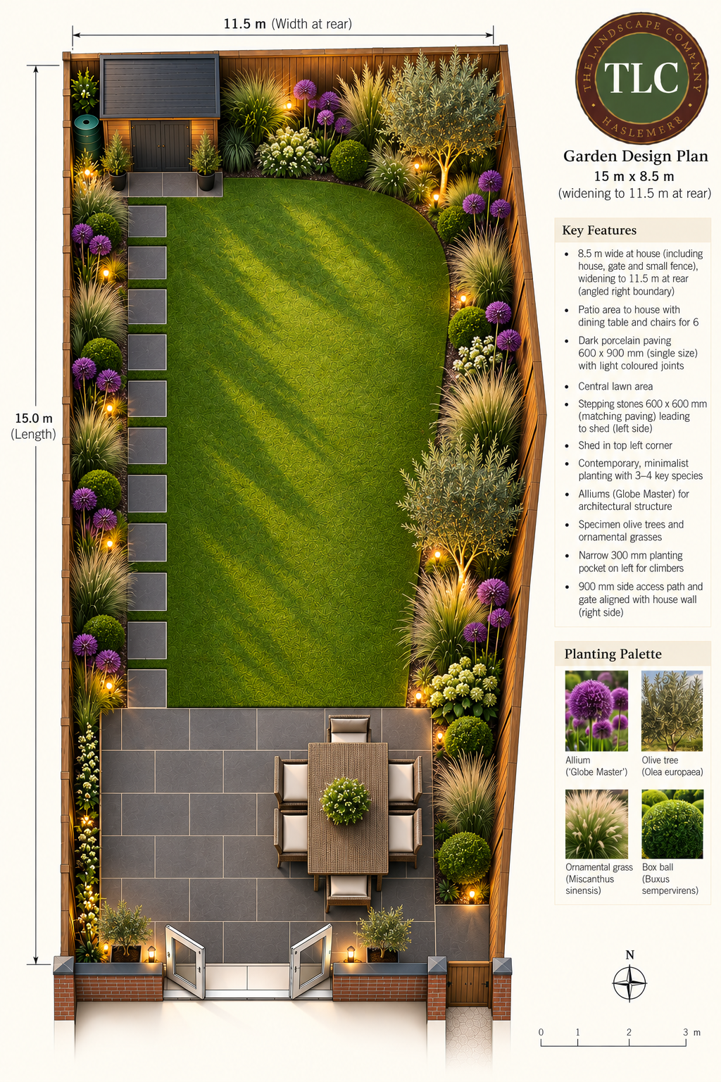 Contemporary small garden with dusk lighting