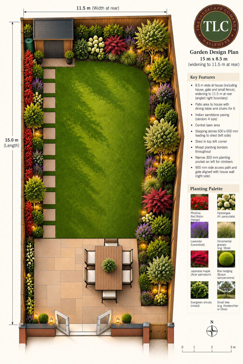 Contemporary small garden with warm evening lighting
