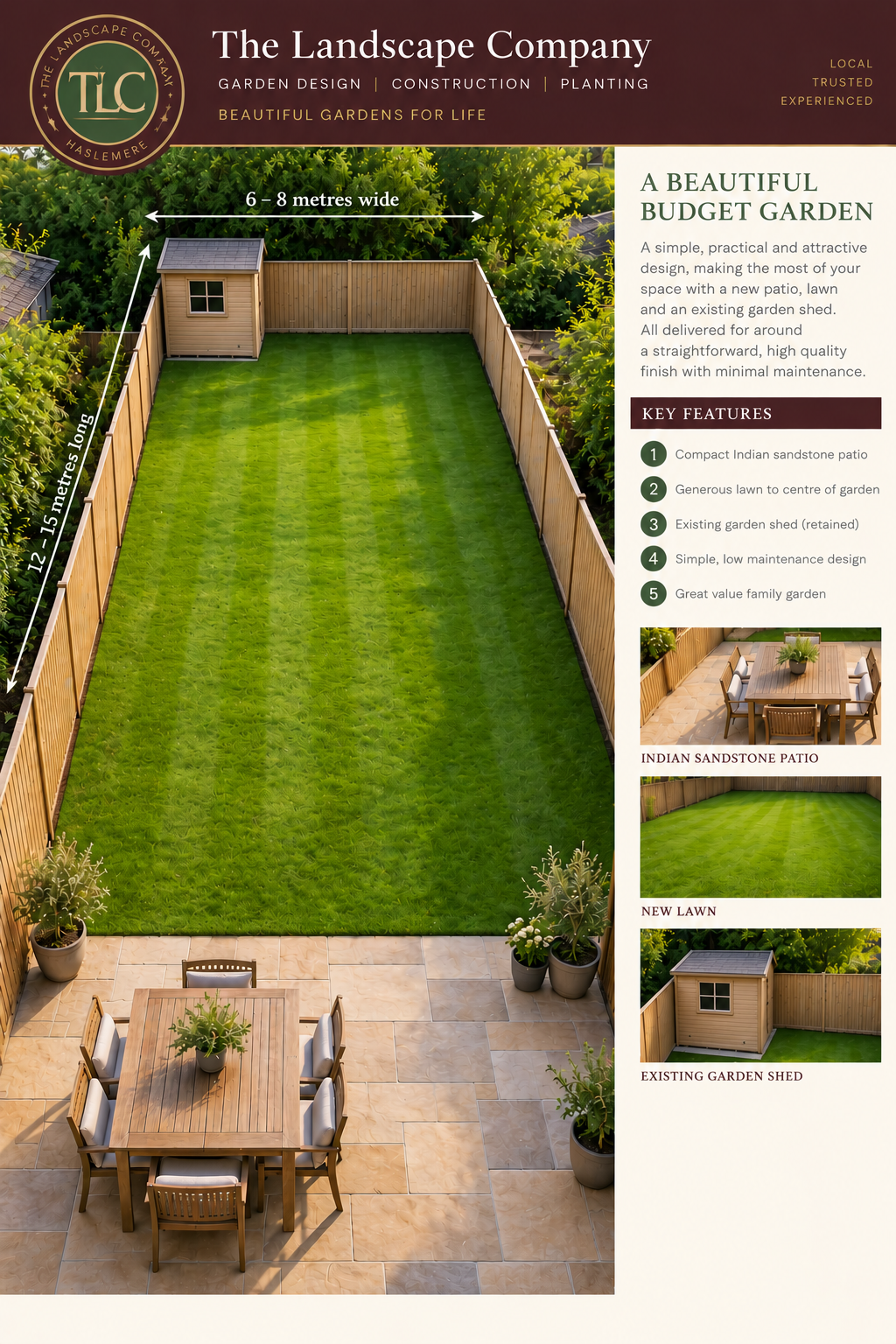 Simple small garden with Indian sandstone patio, lawn and shed