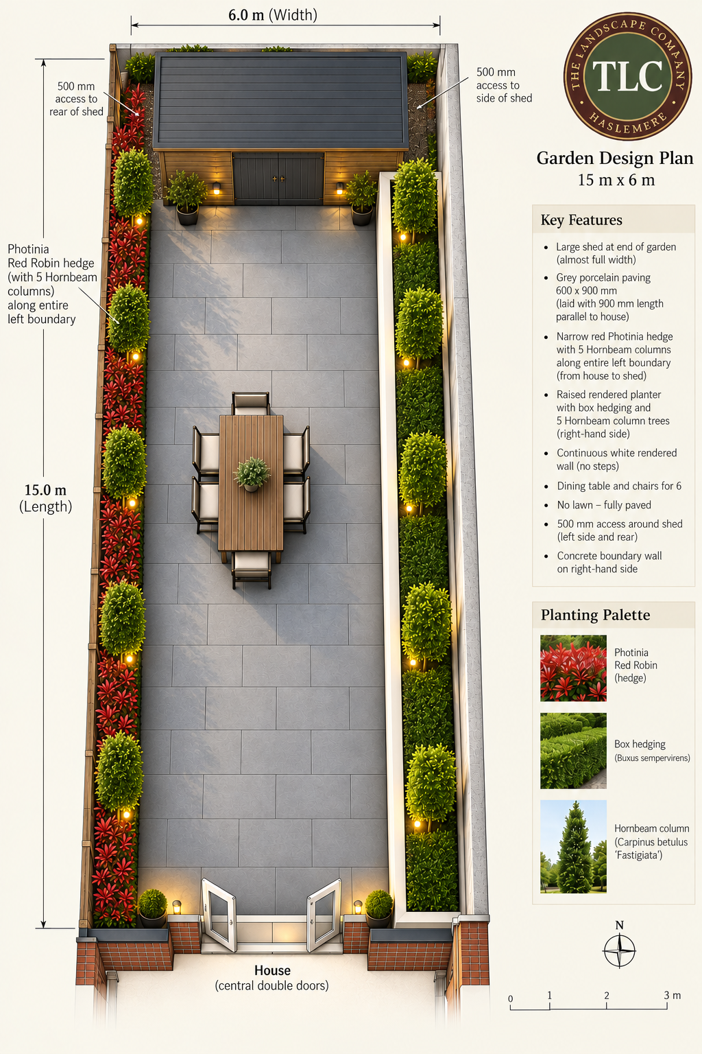 Contemporary Workshop Garden with ten Hornbeam column trees, porcelain paving and a large timber workshop