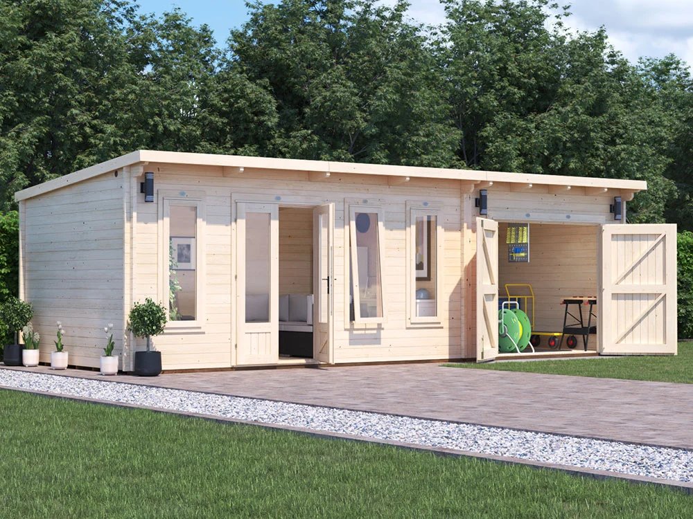 Timber garden workshop with double doors and windows