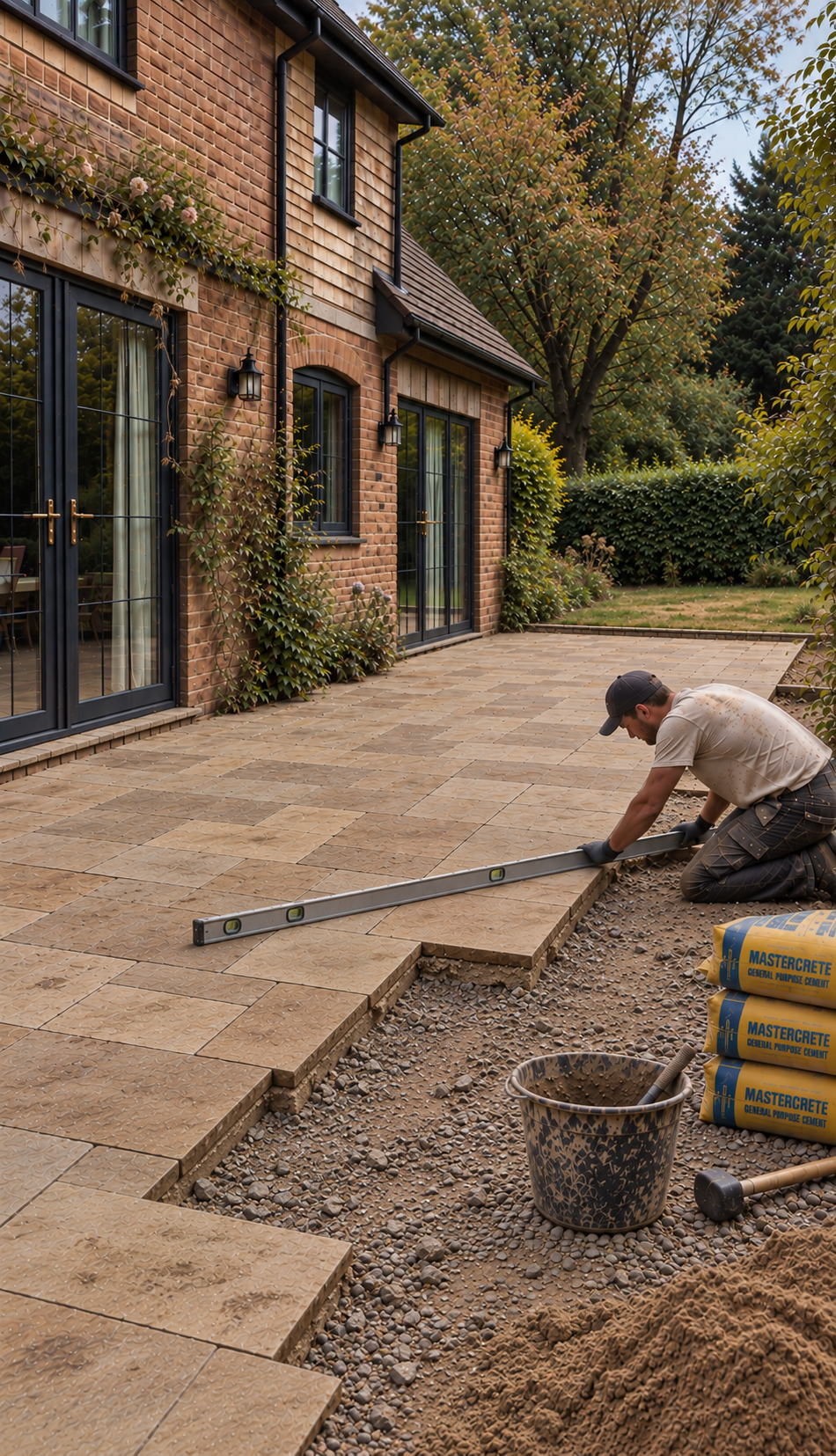 Indian sandstone patio under construction with levels being checked and paving being laid