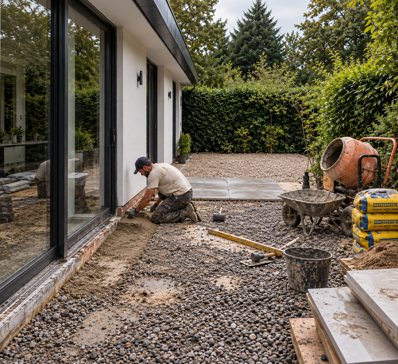 Porcelain patio installation under construction beside a modern home with prepared sub-base