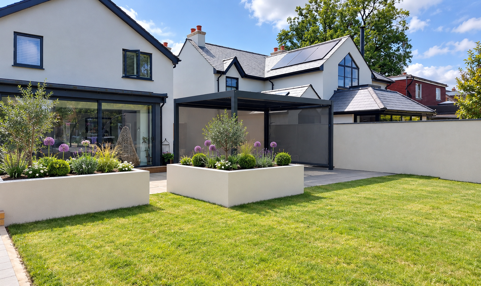 Porcelain patio with stone wall detailing in Chichester