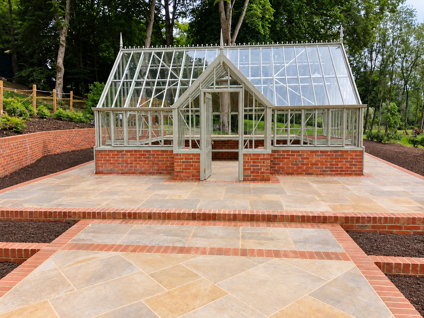 Red brick walls and Indian sandstone paving