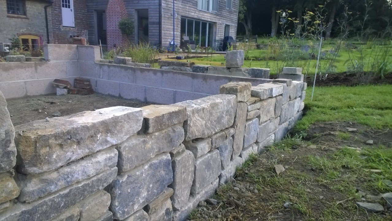 Natural stone wall construction in Haslemere