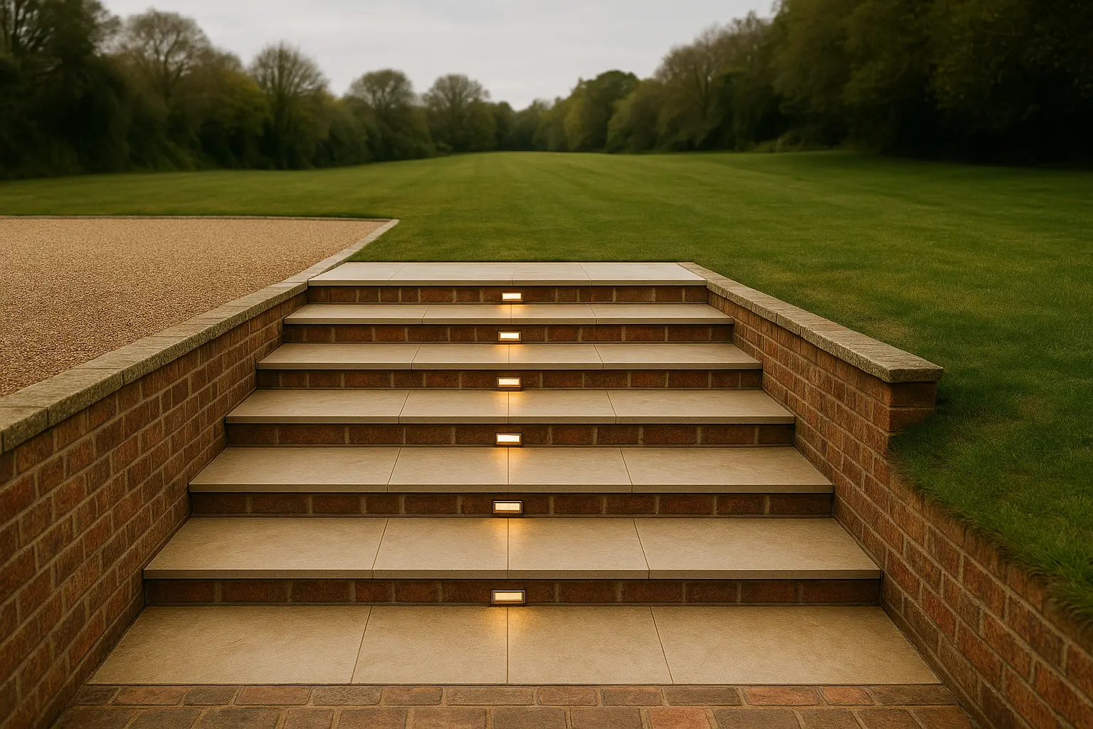Brick and porcelain garden steps with handrail