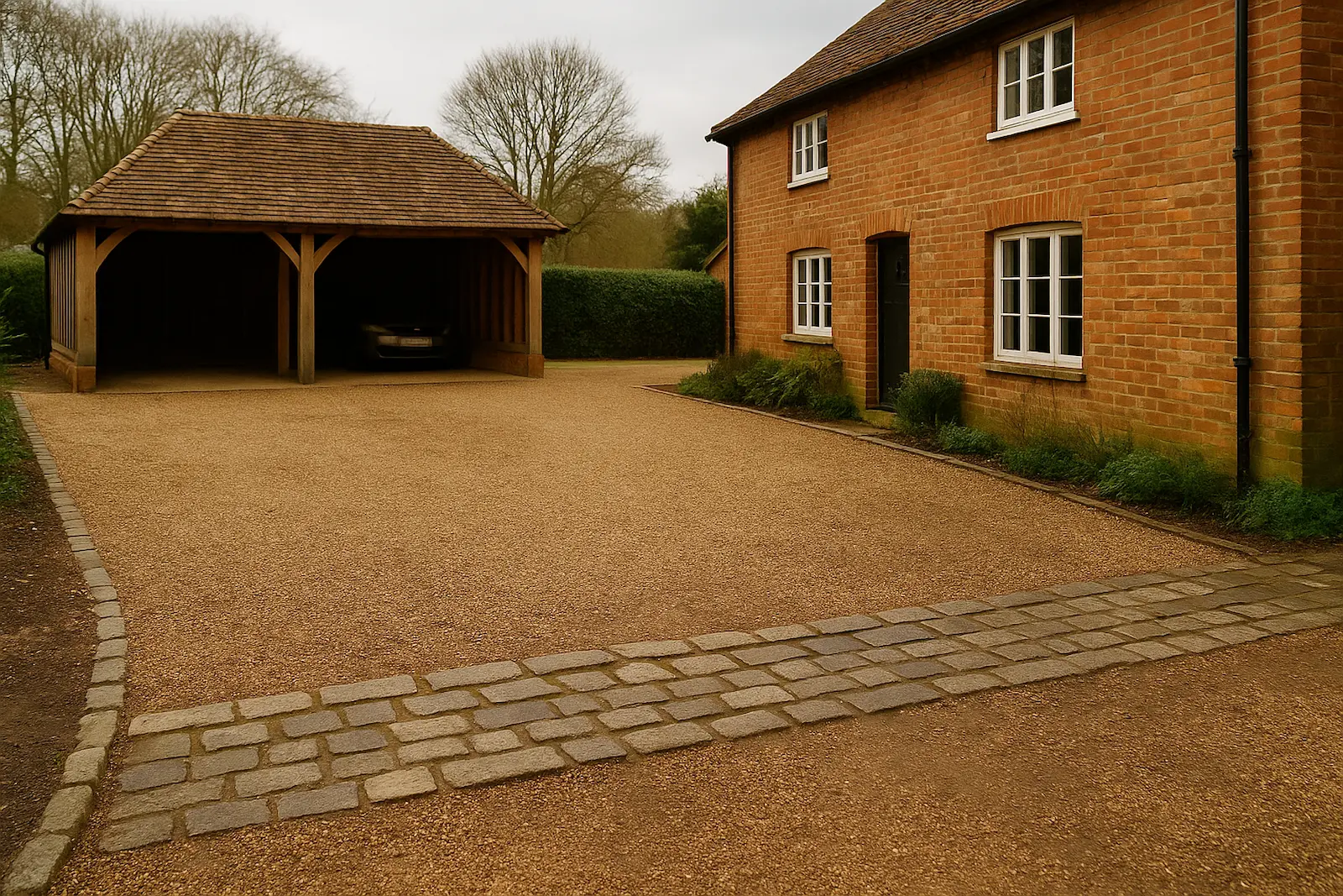 Gravel driveway with stone sett entrance